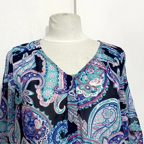 SKIES ARE BLUE paisley print sheer polyester ruched sleeves tuck shoulder top S - Picture 2 of 8